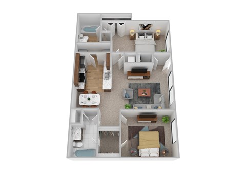 A 3D floor plan of a house with a kitchen, living room, and bedrooms.